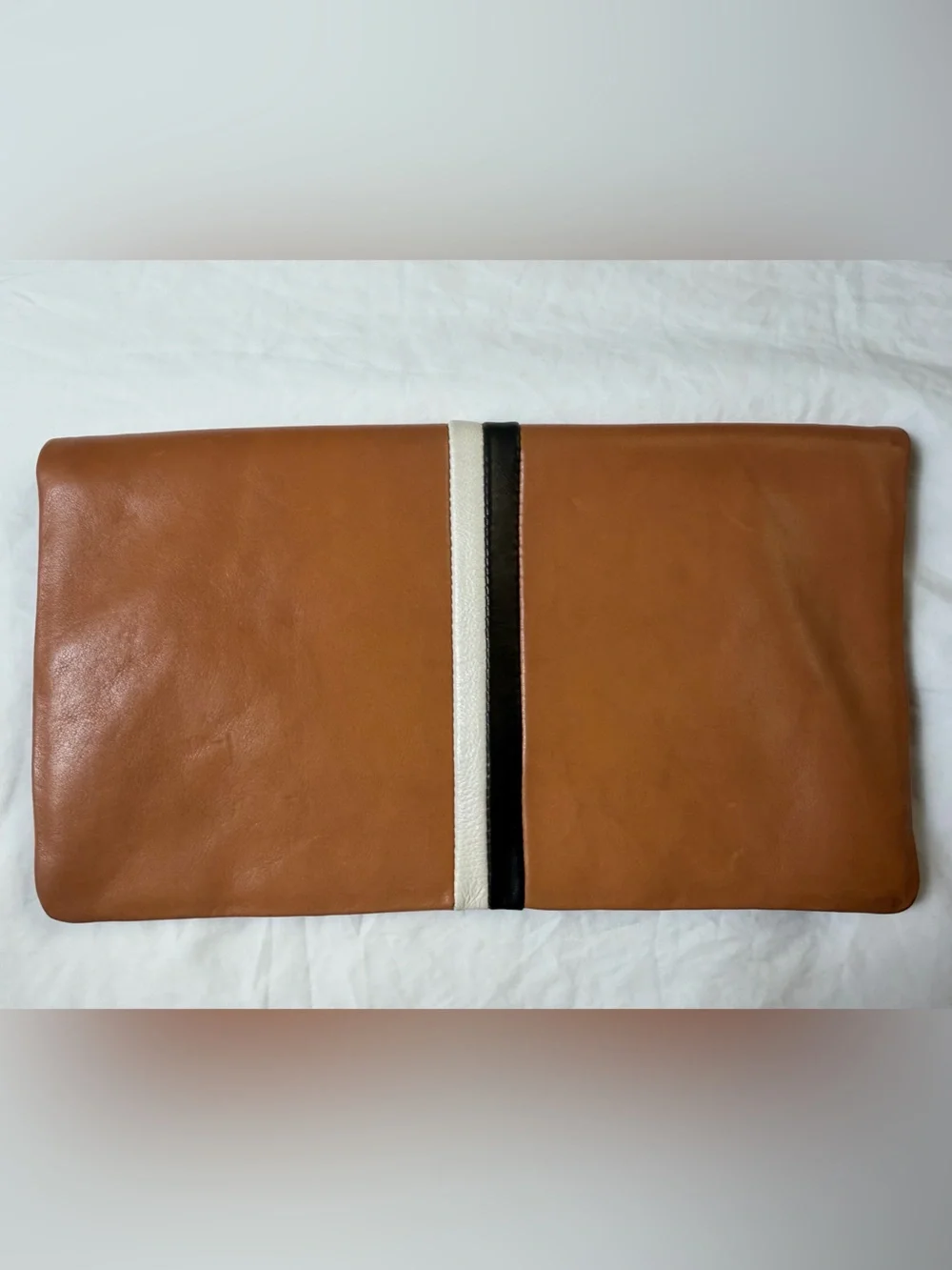 Clare V. Leather Foldover Clutch Tan Leather Clutch with Contrast Stripe